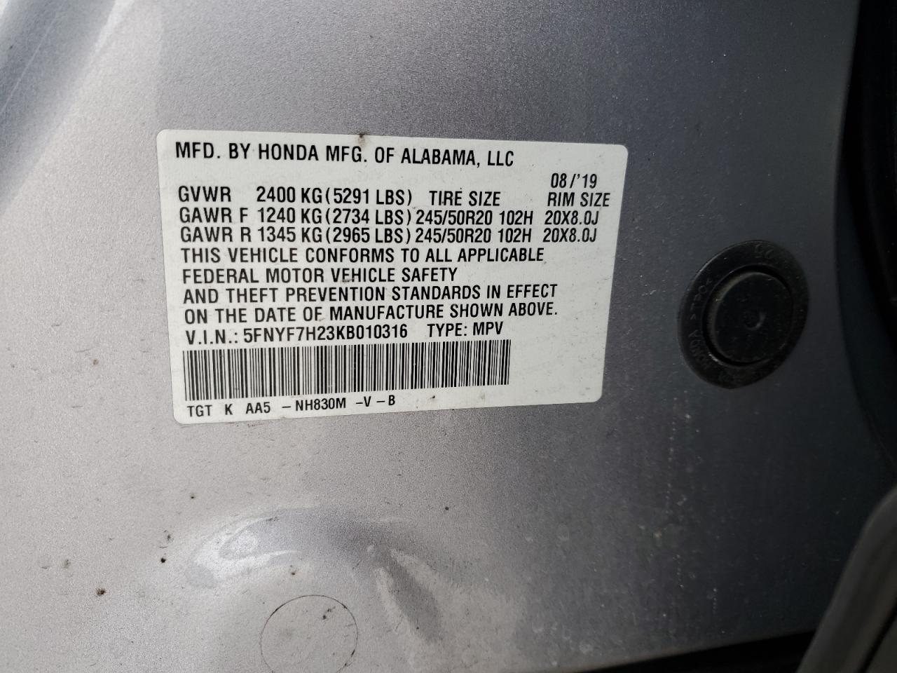 2019 Honda Passport VIN 5FNYF7H23KB010316 Copart auction photo, side damage thumbnail 12