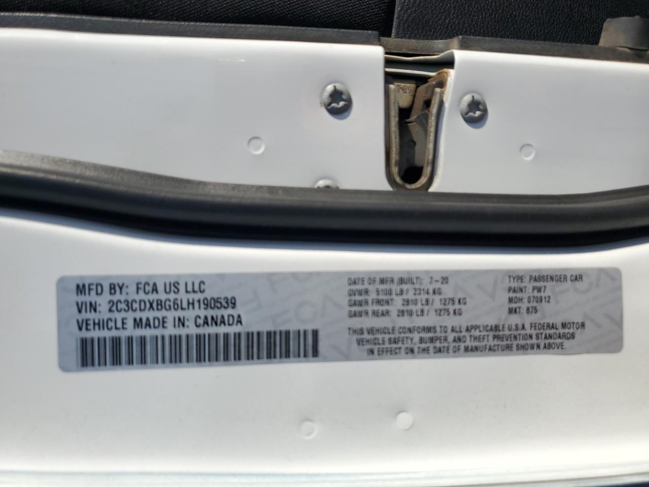 2020 Dodge Charger VIN 2C3CDXBG6LH190539 Copart auction photo, side damage thumbnail 14