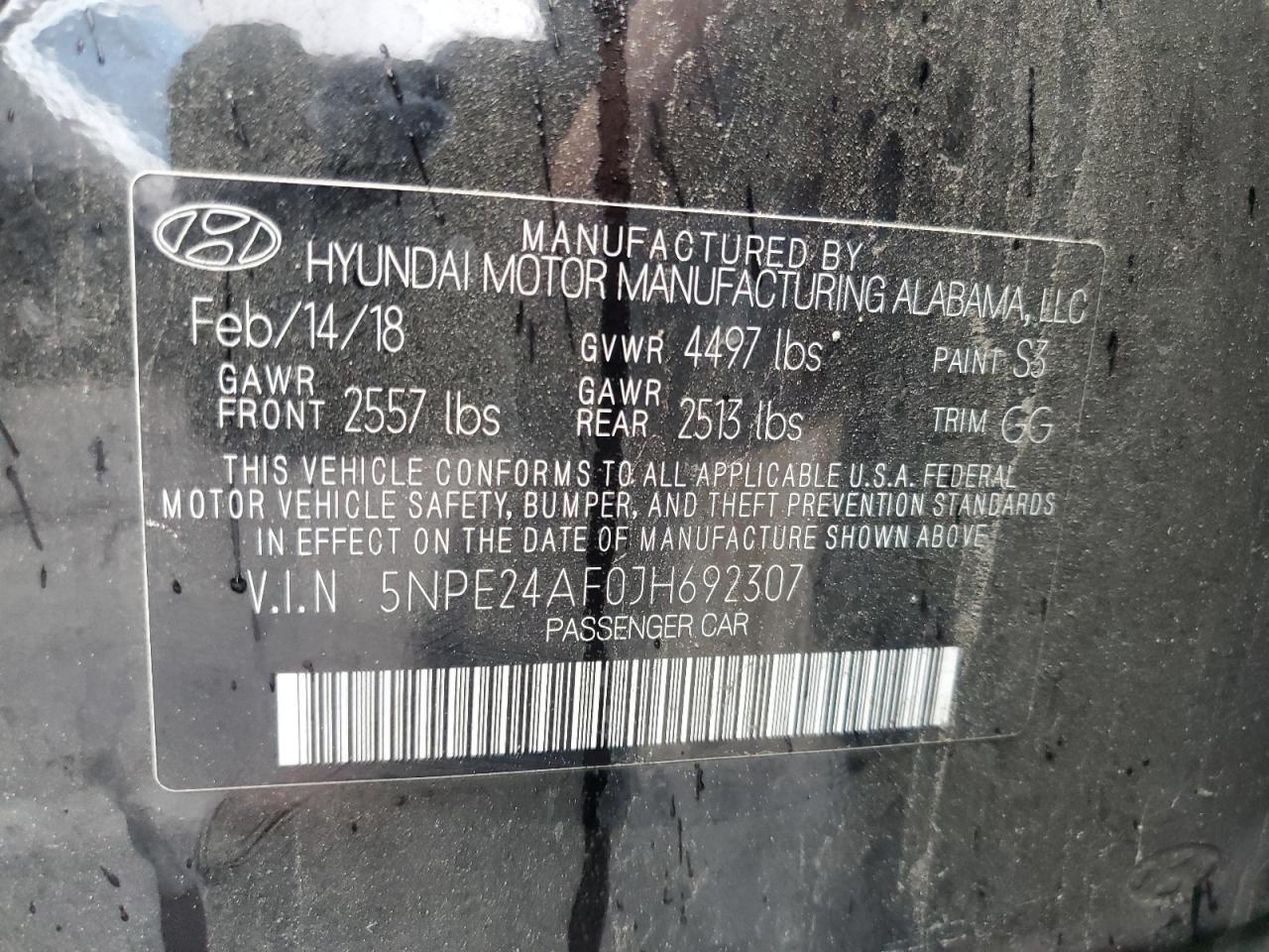 2018 Hyundai Sonata VIN 5NPE24AF0JH692307 Copart auction photo, front end / minor dent/scratches damage thumbnail 13