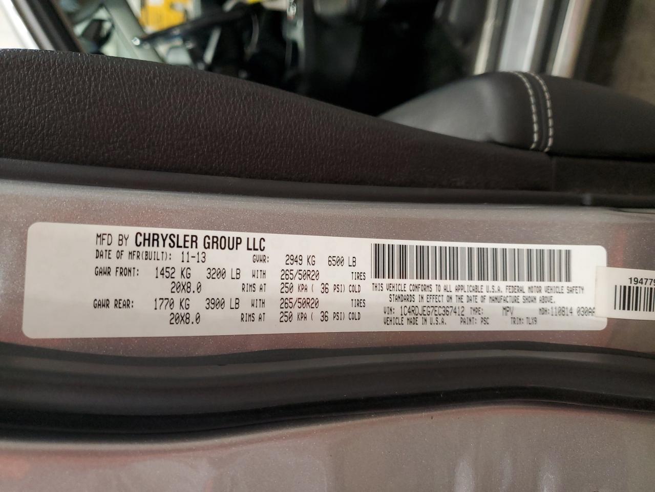 2014 Dodge Durango VIN 1C4RDJEG7EC367412 Copart auction photo, front end damage thumbnail 13