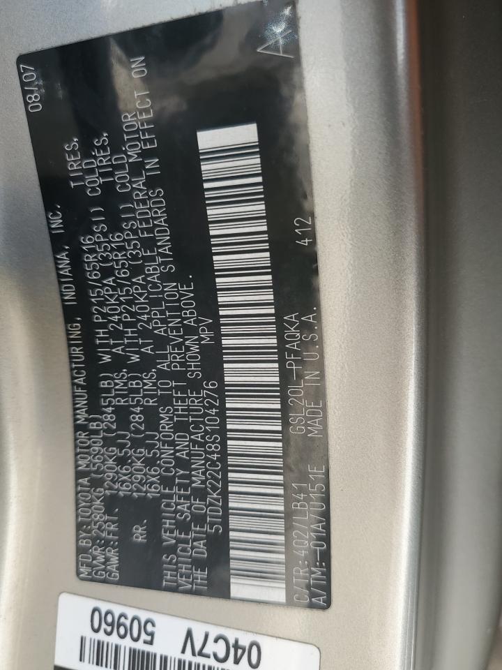 2008 Toyota Sienna VIN 5TDZK22C48S104276 Copart auction photo, front end / side damage thumbnail 15