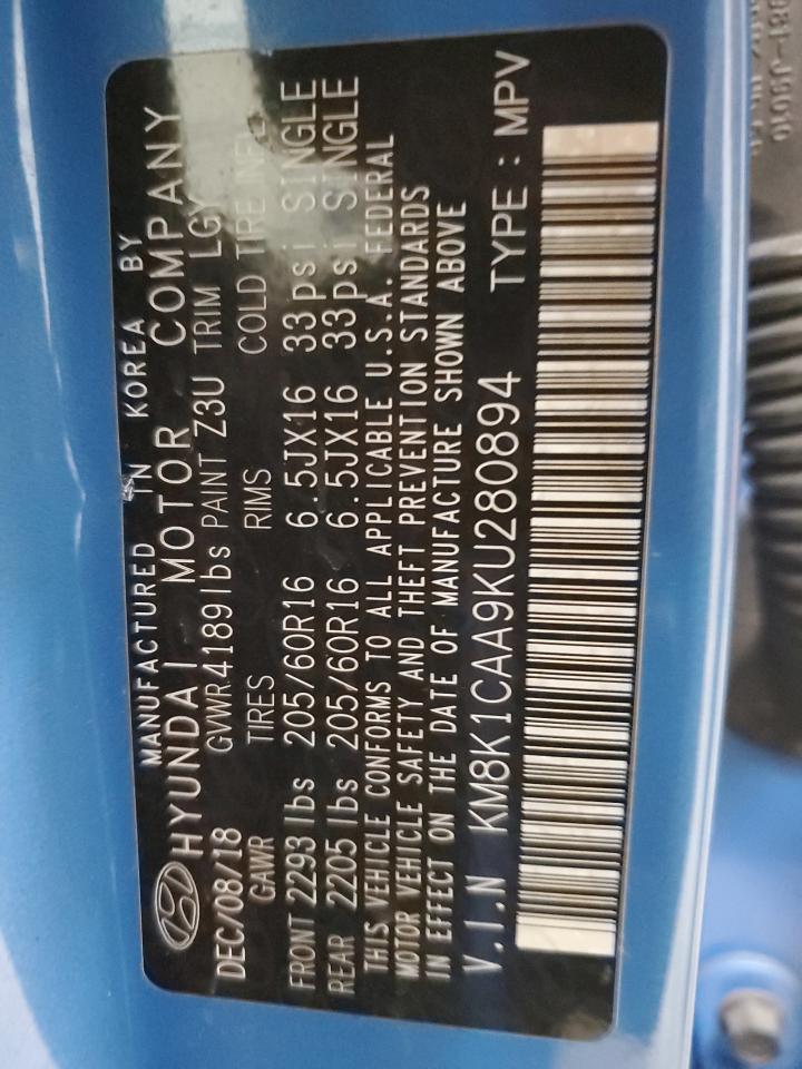 2019 Hyundai Kona VIN KM8K1CAA9KU280894 Copart auction photo, front end / side damage thumbnail 13