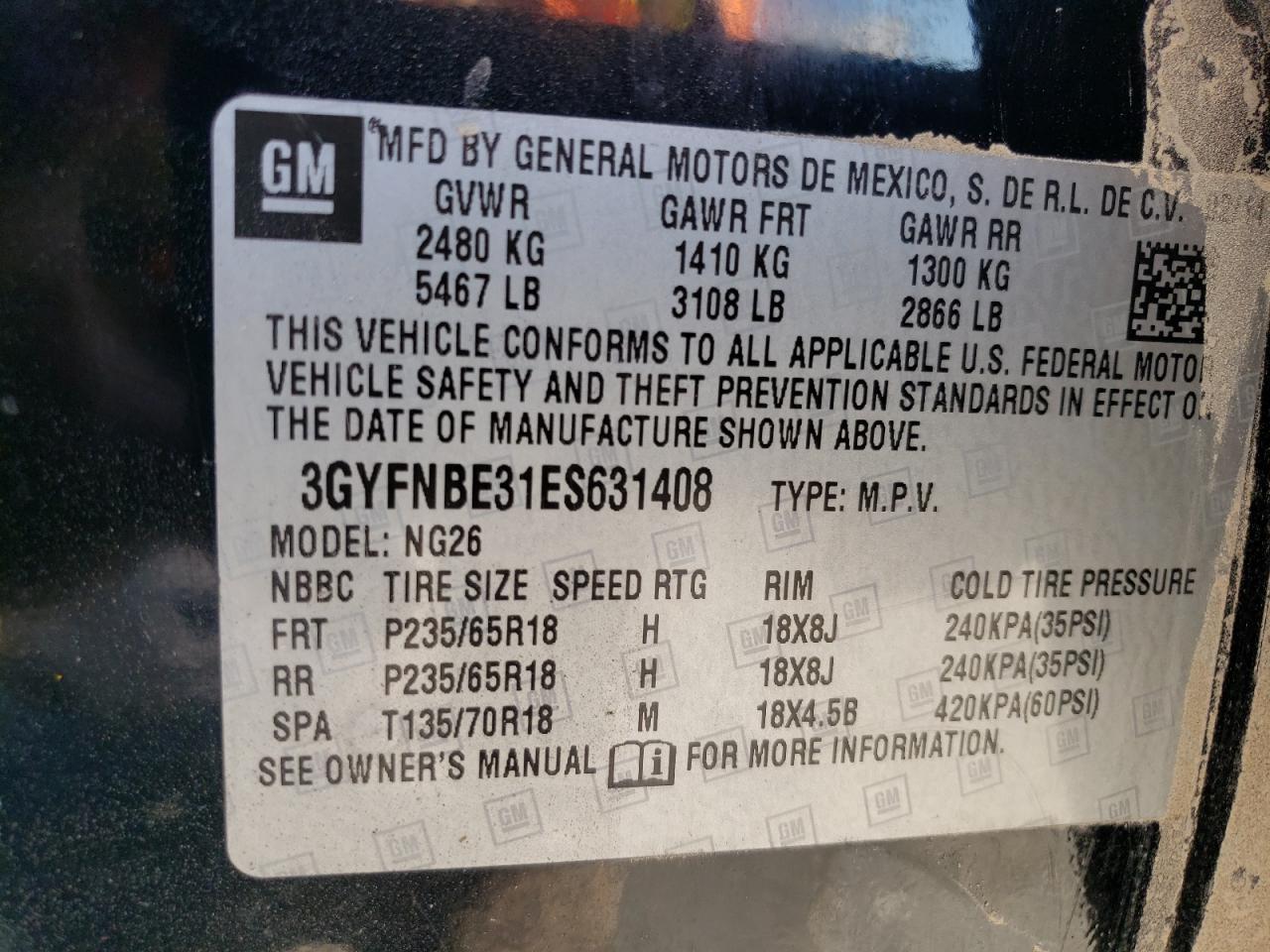 2014 Cadillac SRX VIN 3GYFNBE31ES631408 Copart auction photo, front end / burn - engine damage thumbnail 14