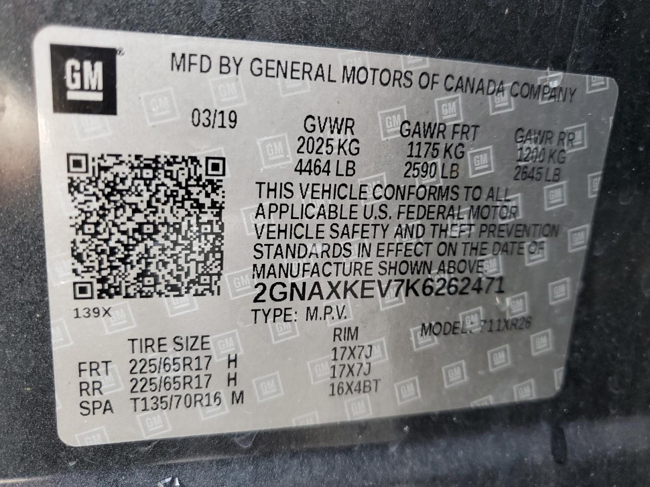 2019 Chevrolet Equinox VIN 2GNAXKEV7K6262471 Copart auction photo, rear end / undercarriage damage thumbnail 15