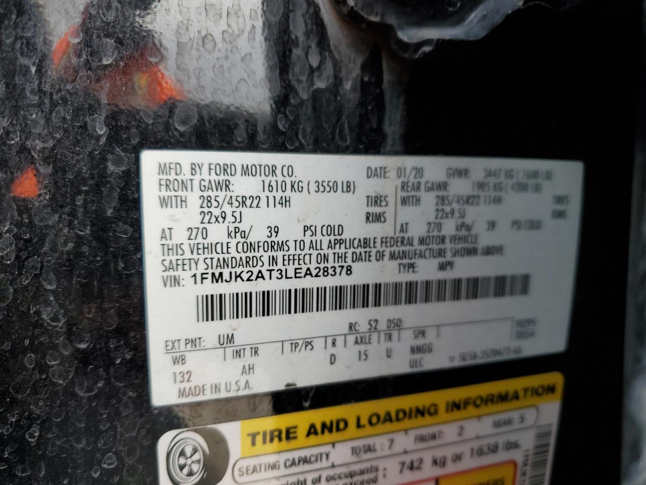 2020 Ford Expedition VIN 1FMJK2AT3LEA28378 Copart auction photo, front end / rear end damage thumbnail 13