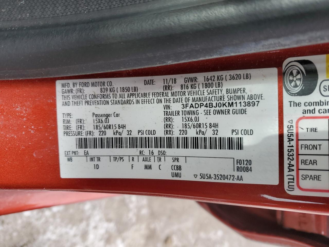 2019 Ford Fiesta VIN 3FADP4BJ0KM113897 Copart auction photo, front end damage thumbnail 15