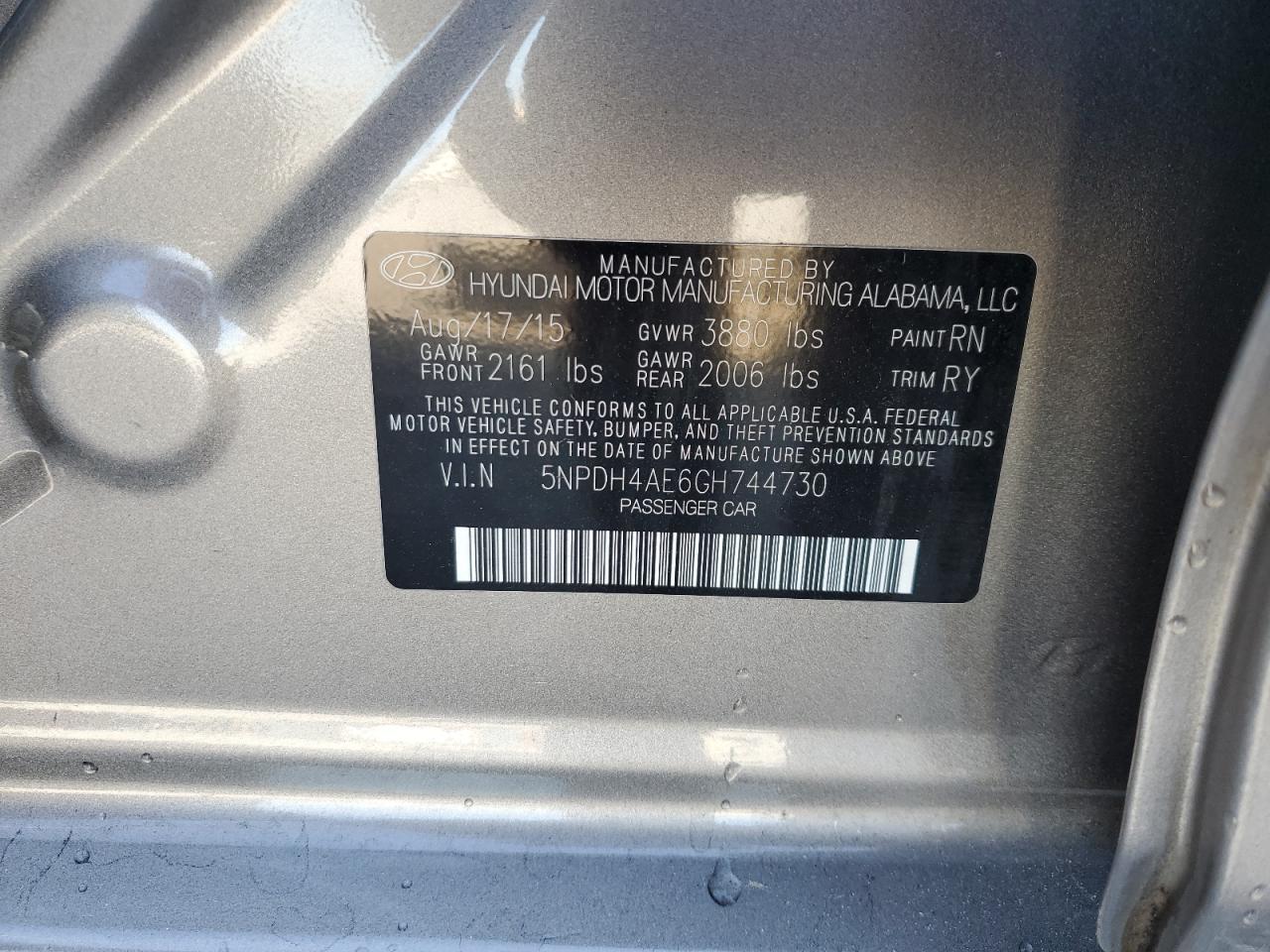 2016 Hyundai Elantra VIN 5NPDH4AE6GH744730 Copart auction photo, front end damage thumbnail 14