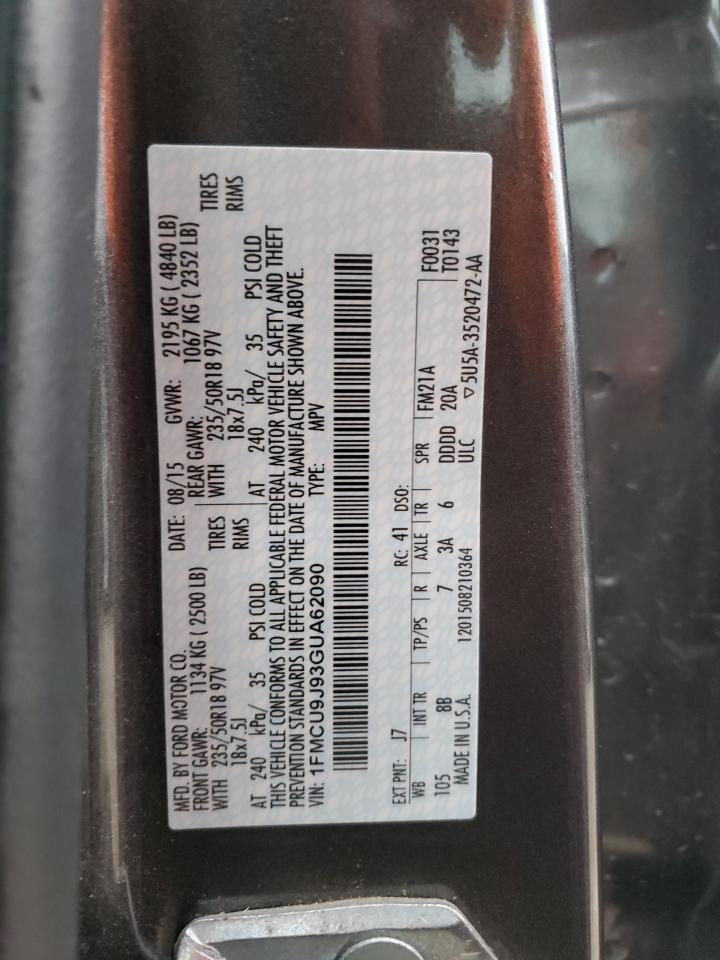 2016 Ford Escape VIN 1FMCU9J93GUA62090 Copart auction photo, front end damage thumbnail 15
