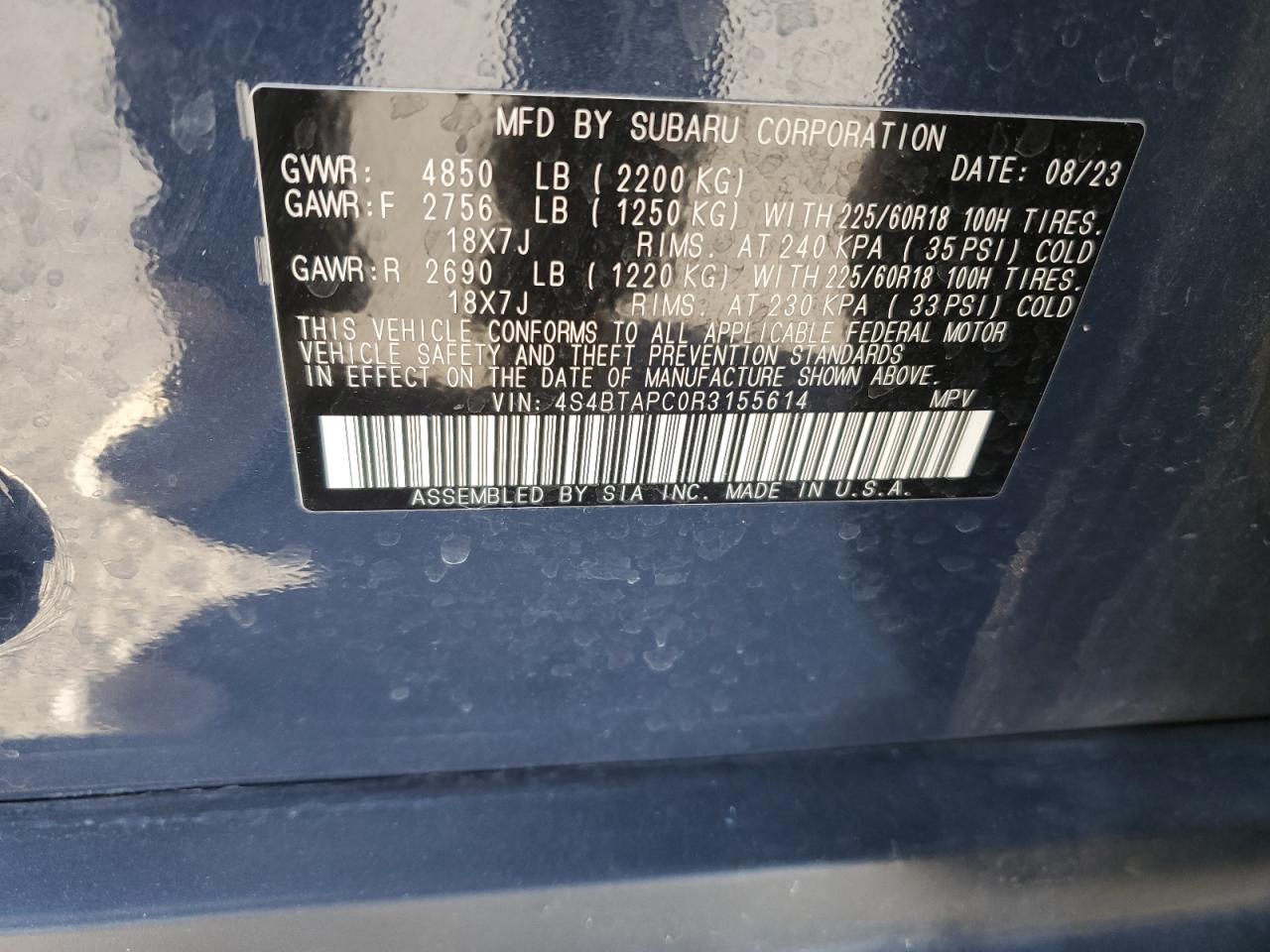 2024 Subaru Outback VIN 4S4BTAPC0R3155614 Copart auction photo, front end damage thumbnail 15