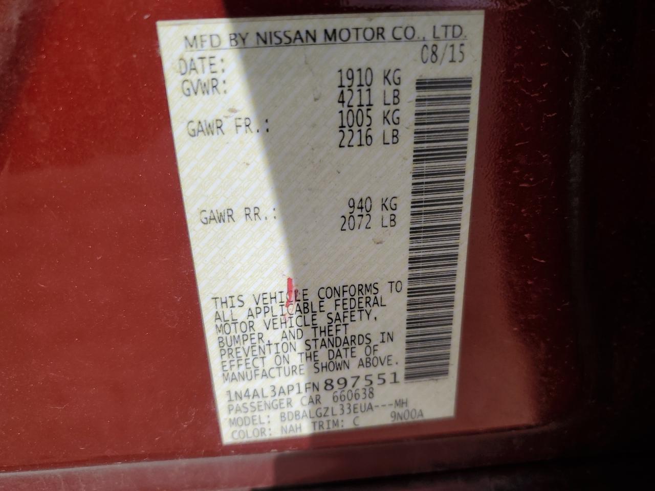 2015 Nissan Altima VIN 1N4AL3AP1FN897551 Copart auction photo, rear end / minor dent/scratches damage thumbnail 12