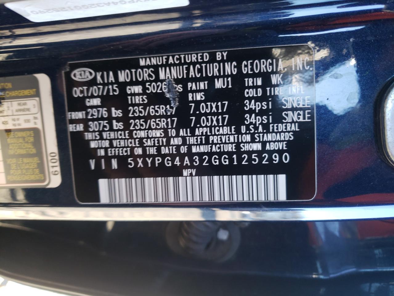 2016 KIA Sorento VIN 5XYPG4A32GG125290 Copart auction photo, front end / undercarriage damage thumbnail 13