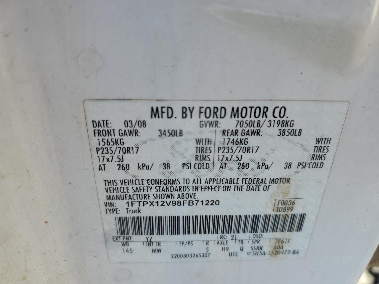 2008 Ford F-150 VIN 1FTPX12V98FB71220 Copart auction photo, front end / rear end damage thumbnail 12