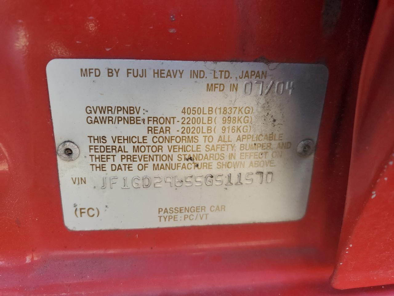 2005 Subaru WRX VIN JF1GD29655G511570 Copart auction photo, rear end / minor dent/scratches damage thumbnail 14