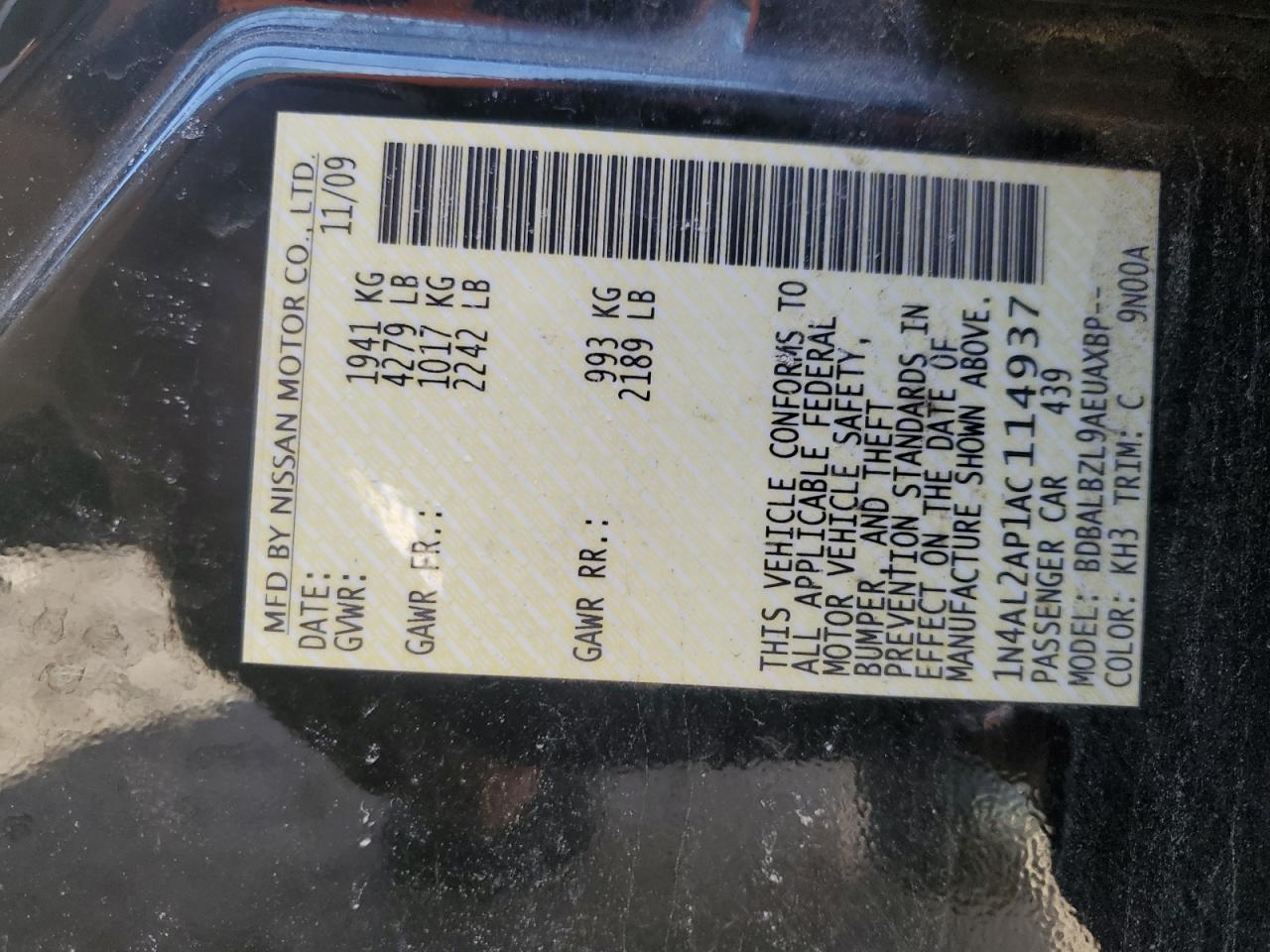 2010 Nissan Altima VIN 1N4AL2AP1AC114937 Copart auction photo, front end / side damage thumbnail 14