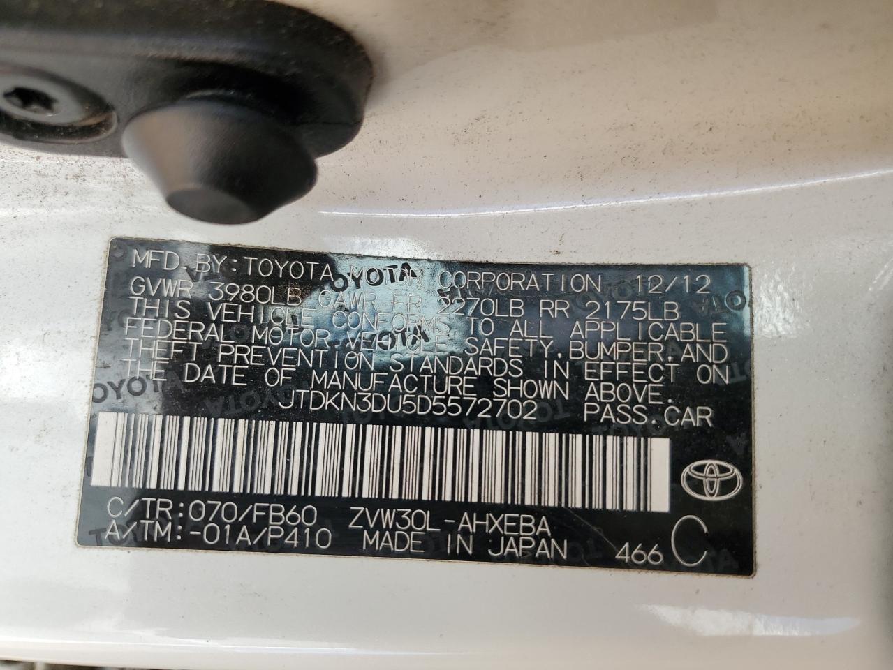 2013 Toyota Prius VIN JTDKN3DU5D5572702 Copart auction photo, front end damage thumbnail 12