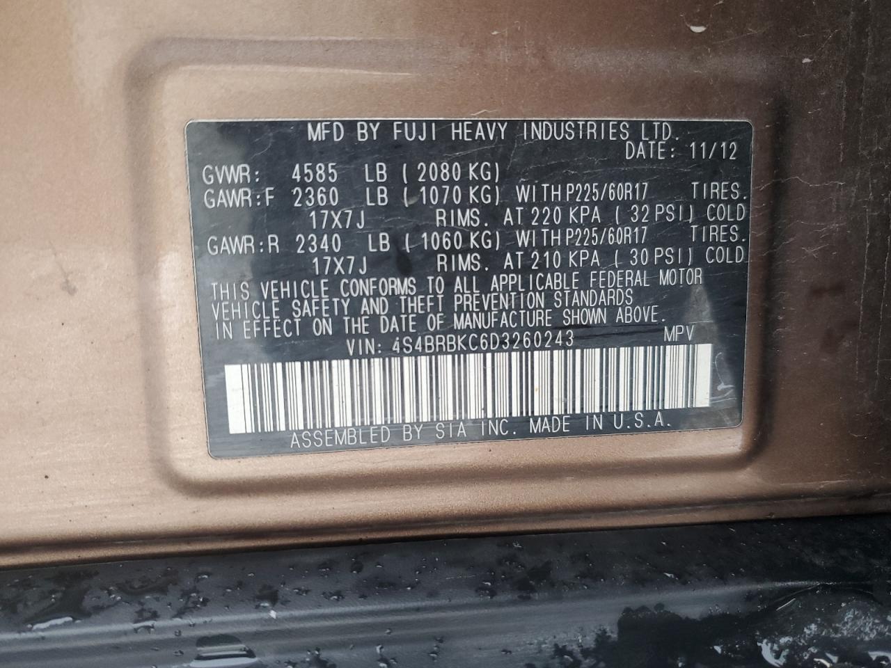 2013 Subaru Outback VIN 4S4BRBKC6D3260243 Copart auction photo, side / minor dent/scratches damage thumbnail 15