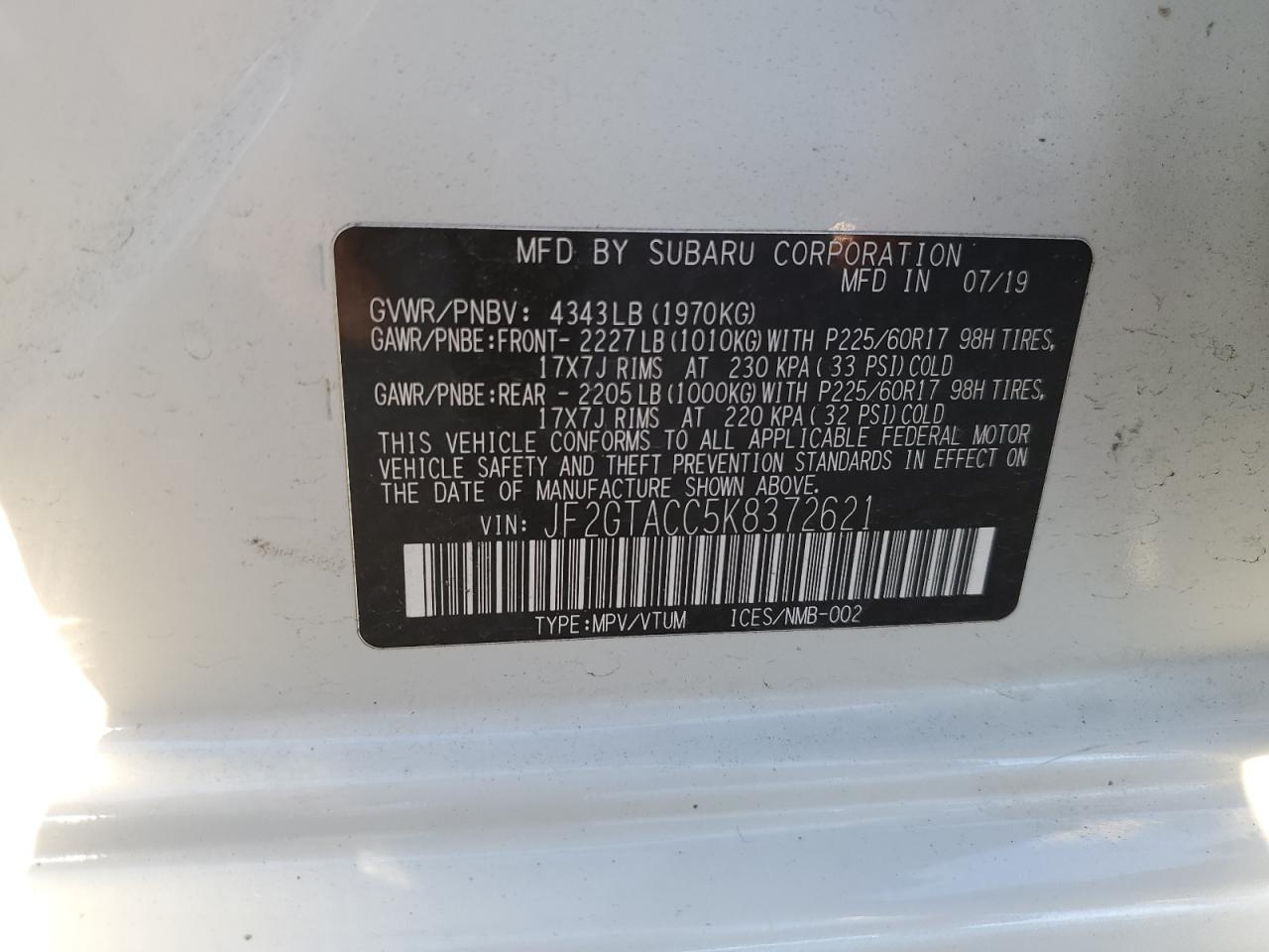 2019 Subaru XV VIN JF2GTACC5K8372621 Copart auction photo, front end / side damage thumbnail 15
