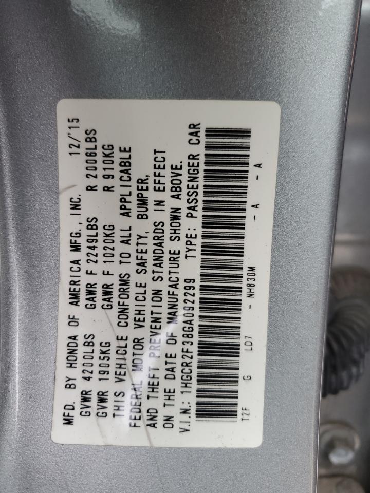 2016 Honda Accord VIN 1HGCR2F38GA092299 Copart auction photo, front end damage thumbnail 12