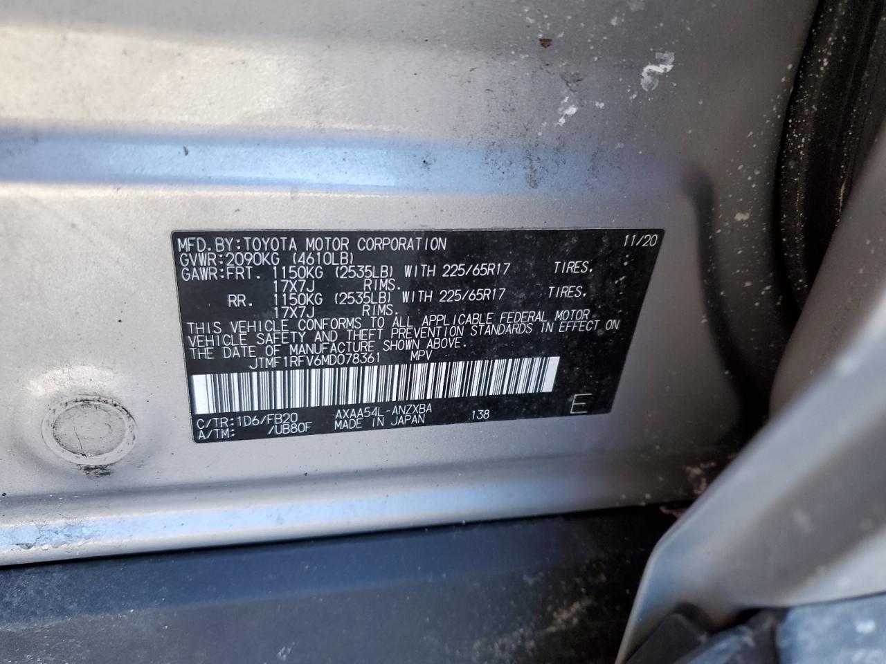 2021 Toyota RAV 4 VIN JTMF1RFV6MD078361 Copart auction photo, front end damage thumbnail 13