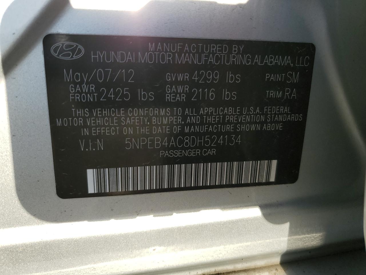 2013 Hyundai Sonata VIN 5NPEB4AC8DH524134 Copart auction photo, front end / side damage thumbnail 14