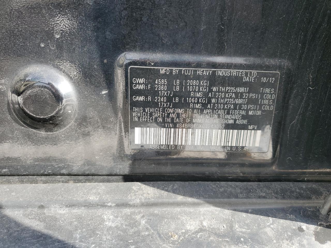 2013 Subaru Outback VIN 4S4BRBKCXD3249052 Copart auction photo, burn damage thumbnail 13