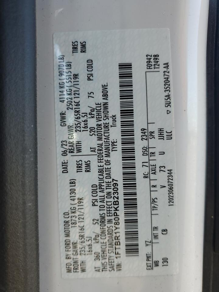 2023 Ford Transit VIN 1FTBR1Y80PKB23097 Copart auction photo, side / front end damage thumbnail 14