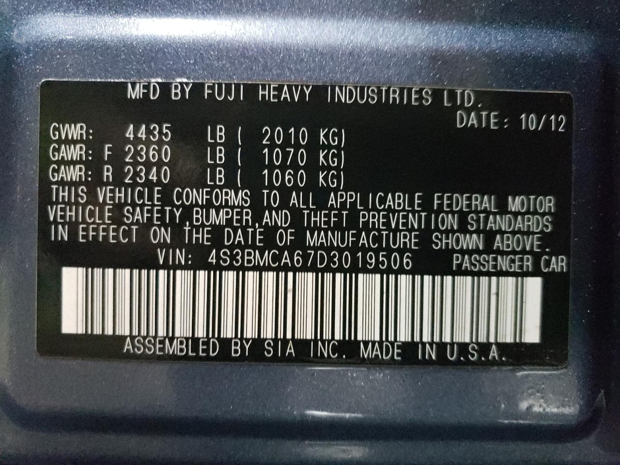 2013 Subaru Legacy VIN 4S3BMCA67D3019506 Copart auction photo, front end damage thumbnail 12