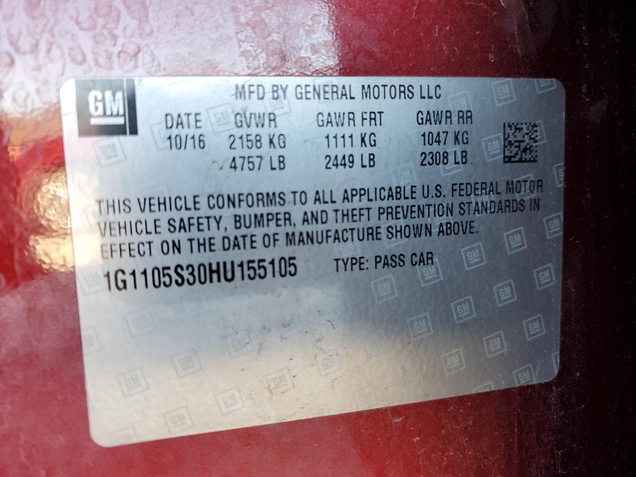 2017 Chevrolet Impala VIN 1G1105S30HU155105 Copart auction photo, front end / rear end damage thumbnail 14