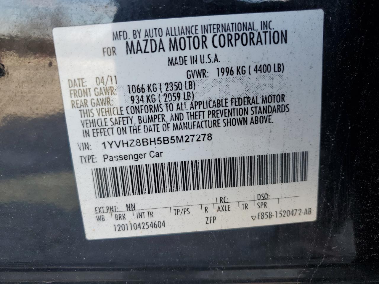 2011 Mazda 6 VIN 1YVHZ8BH5B5M27278 Copart auction photo, all over damage thumbnail 12