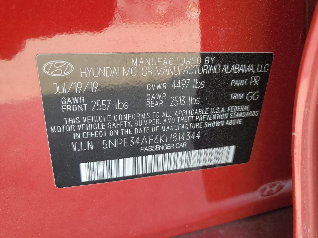 2019 Hyundai Sonata VIN 5NPE34AF6KH814344 Copart auction photo, front end damage thumbnail 14