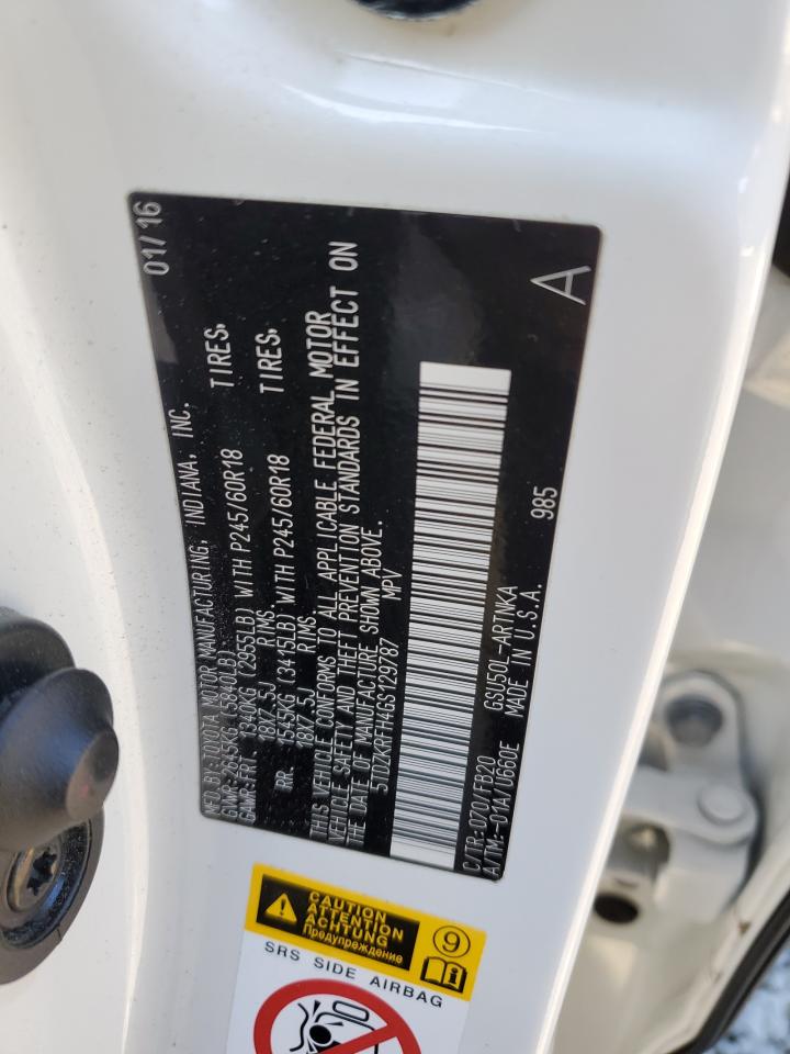 2016 Toyota Highlander VIN 5TDZKRFH4GS129787 Copart auction photo, front end damage thumbnail 13