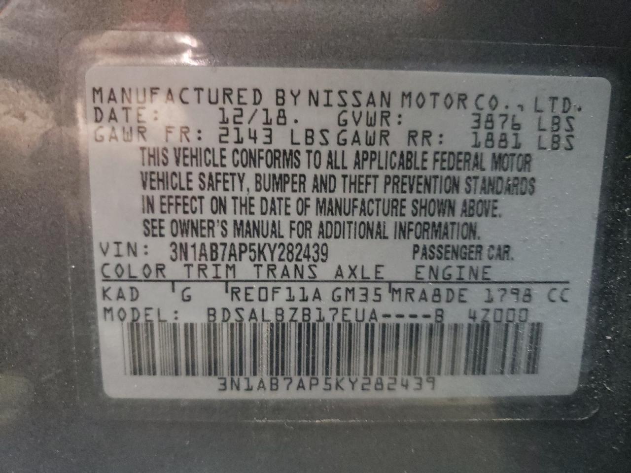 2019 Nissan Sentra VIN 3N1AB7AP5KY282439 Copart auction photo, front end / rear end damage thumbnail 12