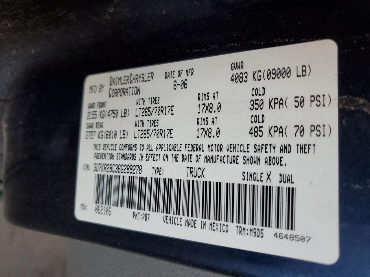 2006 Dodge RAM VIN 3D7KR28C36G289278 Copart auction photo, front end / rear end damage thumbnail 12