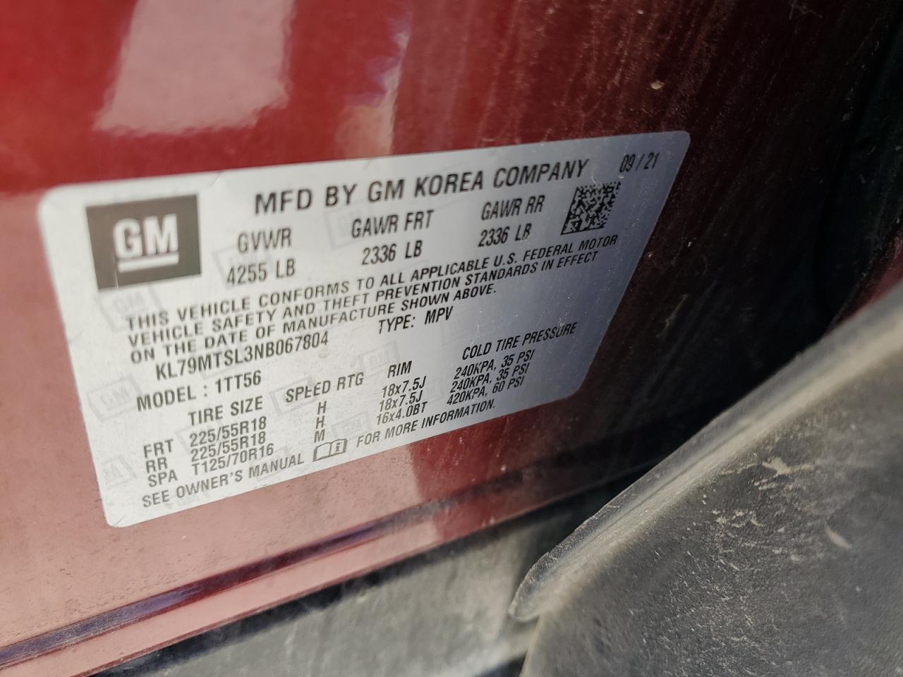 2022 Chevrolet TrailBlazer VIN KL79MTSL3NB067804 Copart auction photo, front end / side damage thumbnail 13