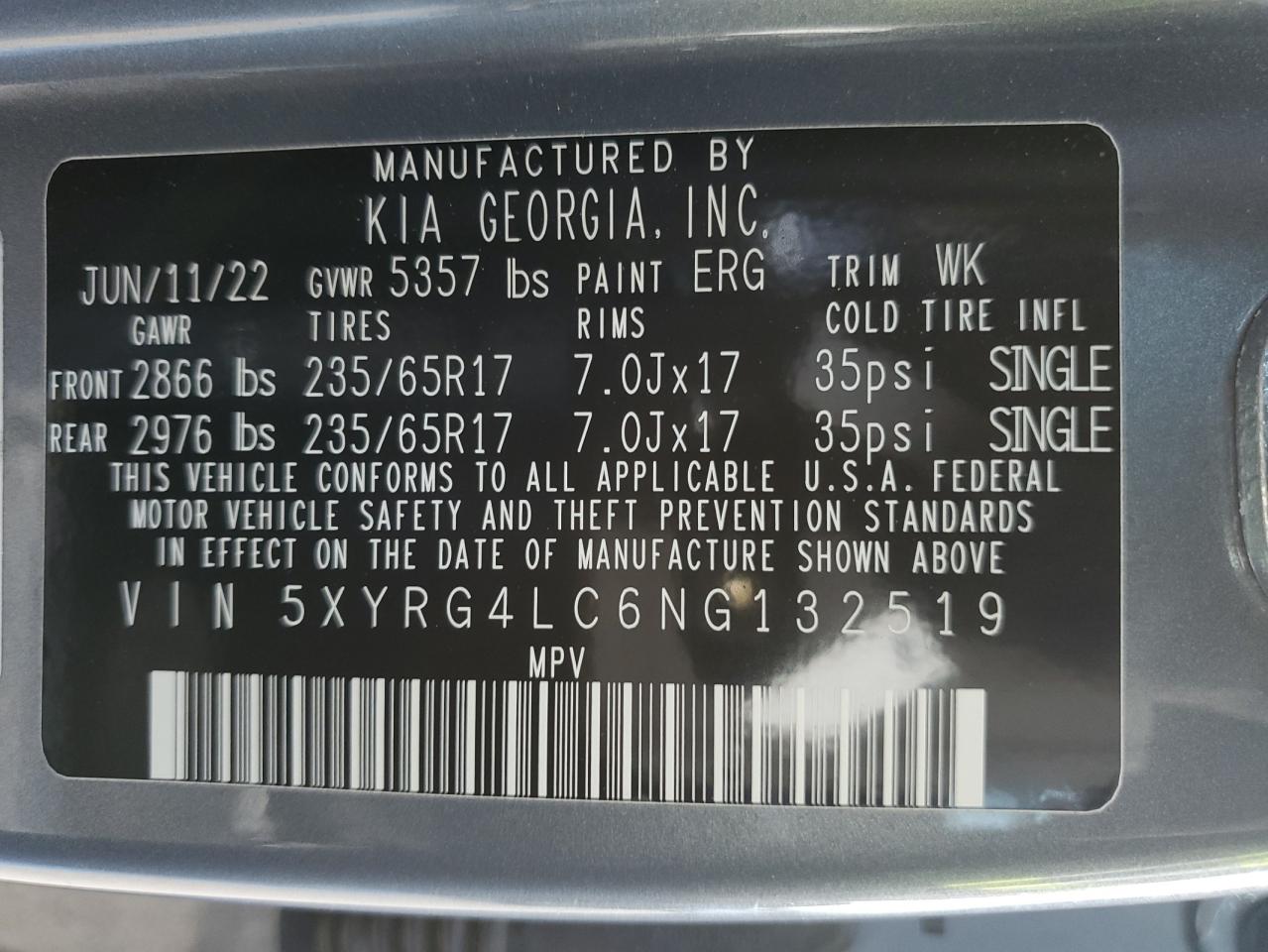 2022 KIA Sorento VIN 5XYRG4LC6NG132519 Copart auction photo, front end / side damage thumbnail 15