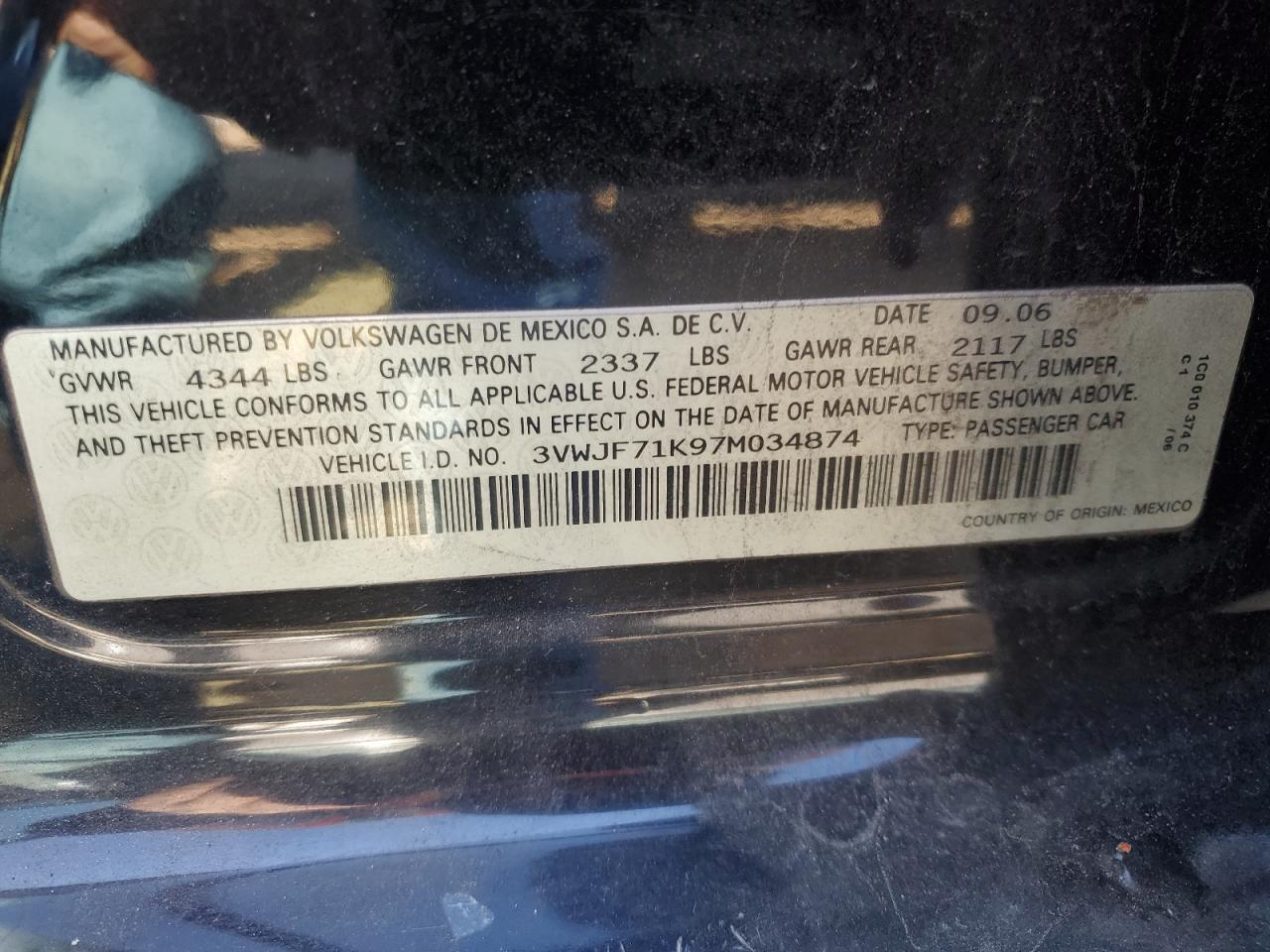 2007 Volkswagen Jetta VIN 3VWJF71K97M034874 Copart auction photo, front end damage thumbnail 12