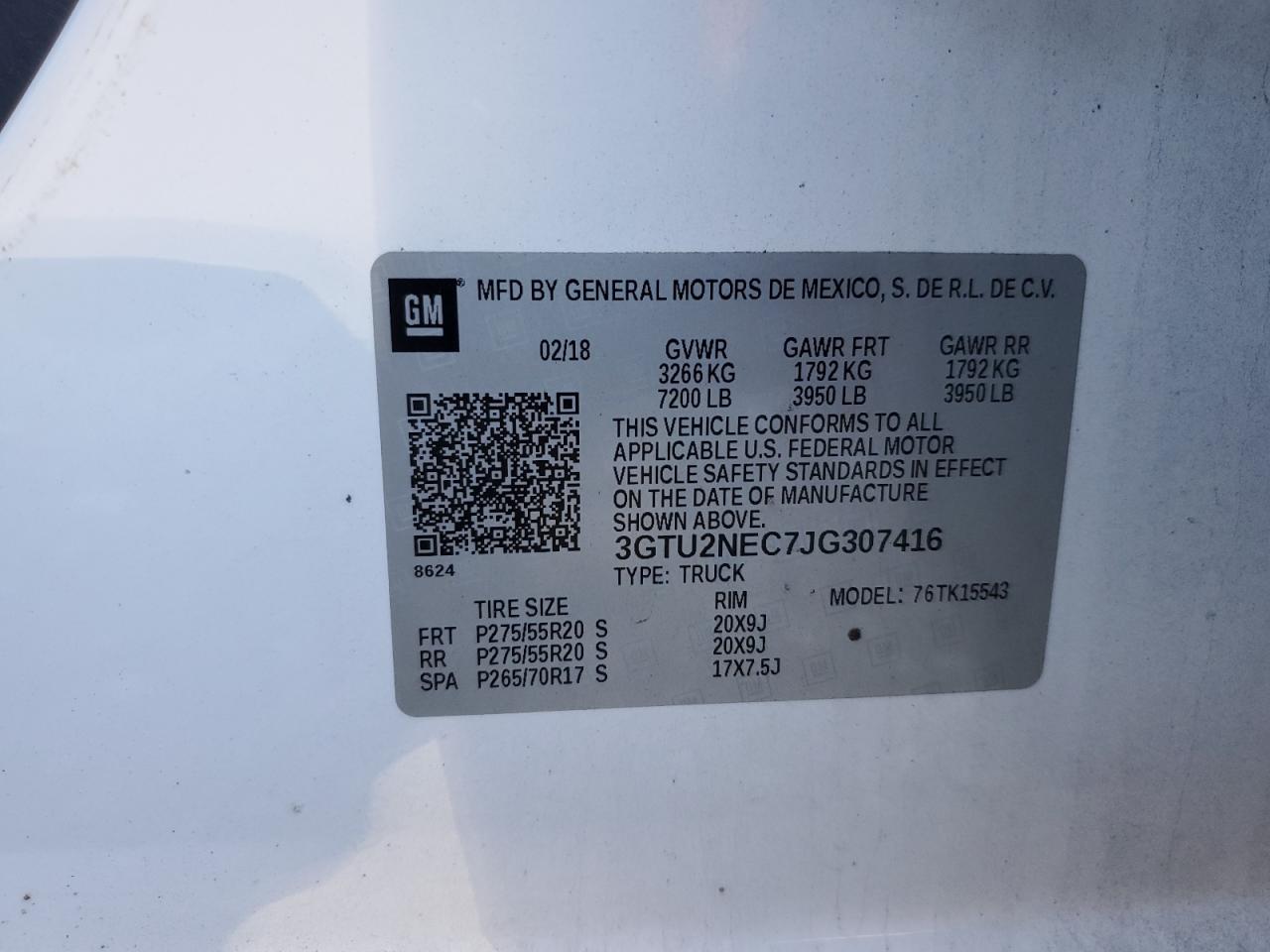 2018 GMC Sierra VIN 3GTU2NEC7JG307416 Copart auction photo, side / rear end damage thumbnail 15