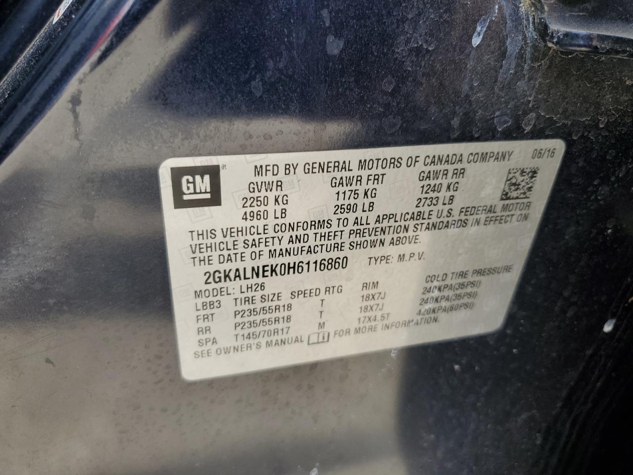 2017 GMC Terrain VIN 2GKALNEK0H6116860 Copart auction photo, front end / minor dent/scratches damage thumbnail 15