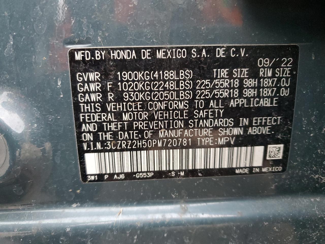 2023 Honda HR-V VIN 3CZRZ2H50PM720781 Copart auction photo, all over damage thumbnail 15
