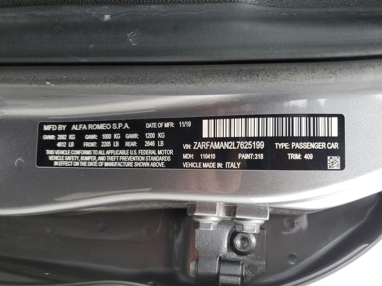 2020 Alfa Romeo Giulia VIN ZARFAMAN2L7625199 Copart auction photo, all over damage thumbnail 12