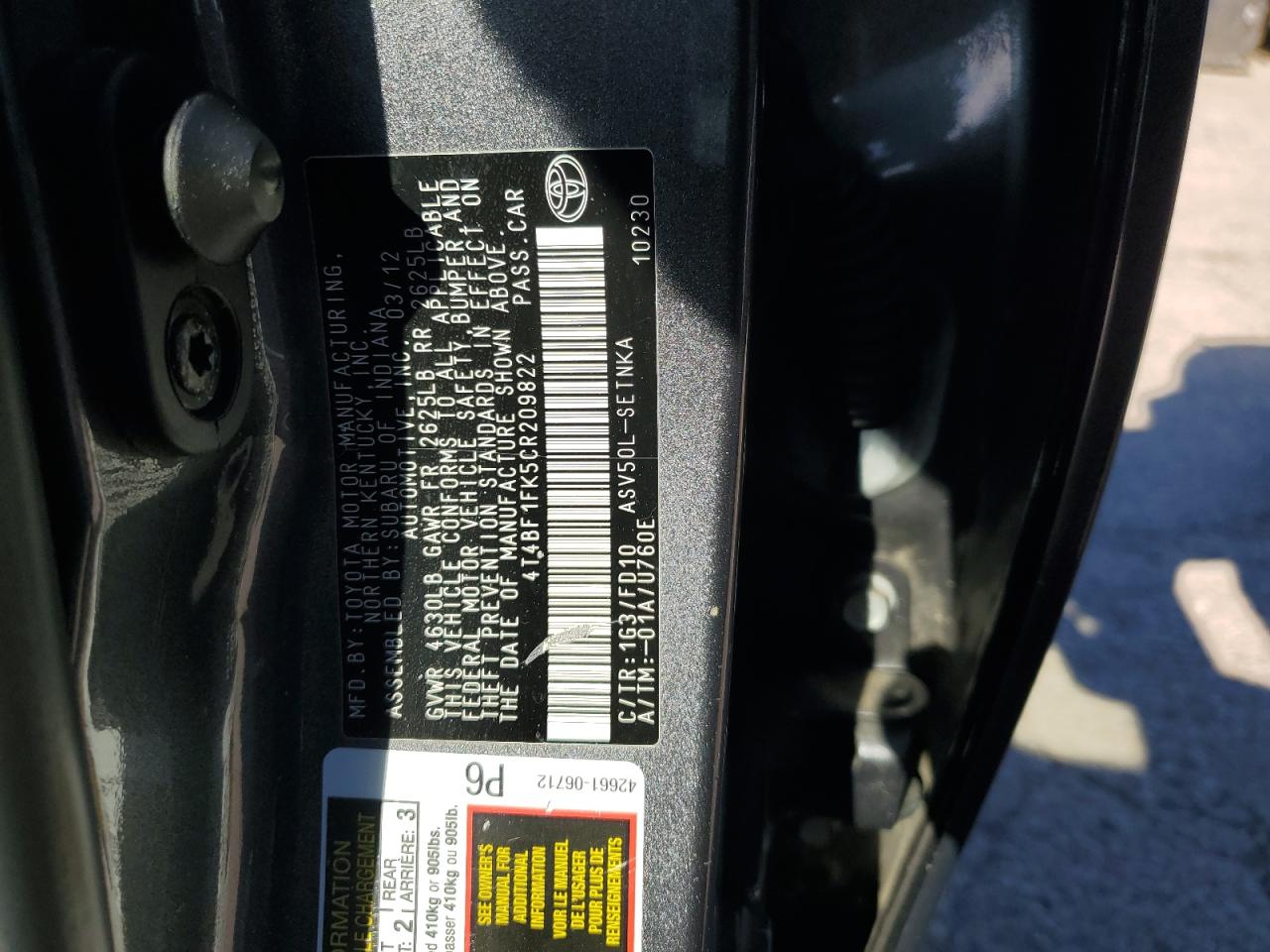 2012 Toyota Camry VIN 4T4BF1FK5CR209822 Copart auction photo, front end damage thumbnail 12