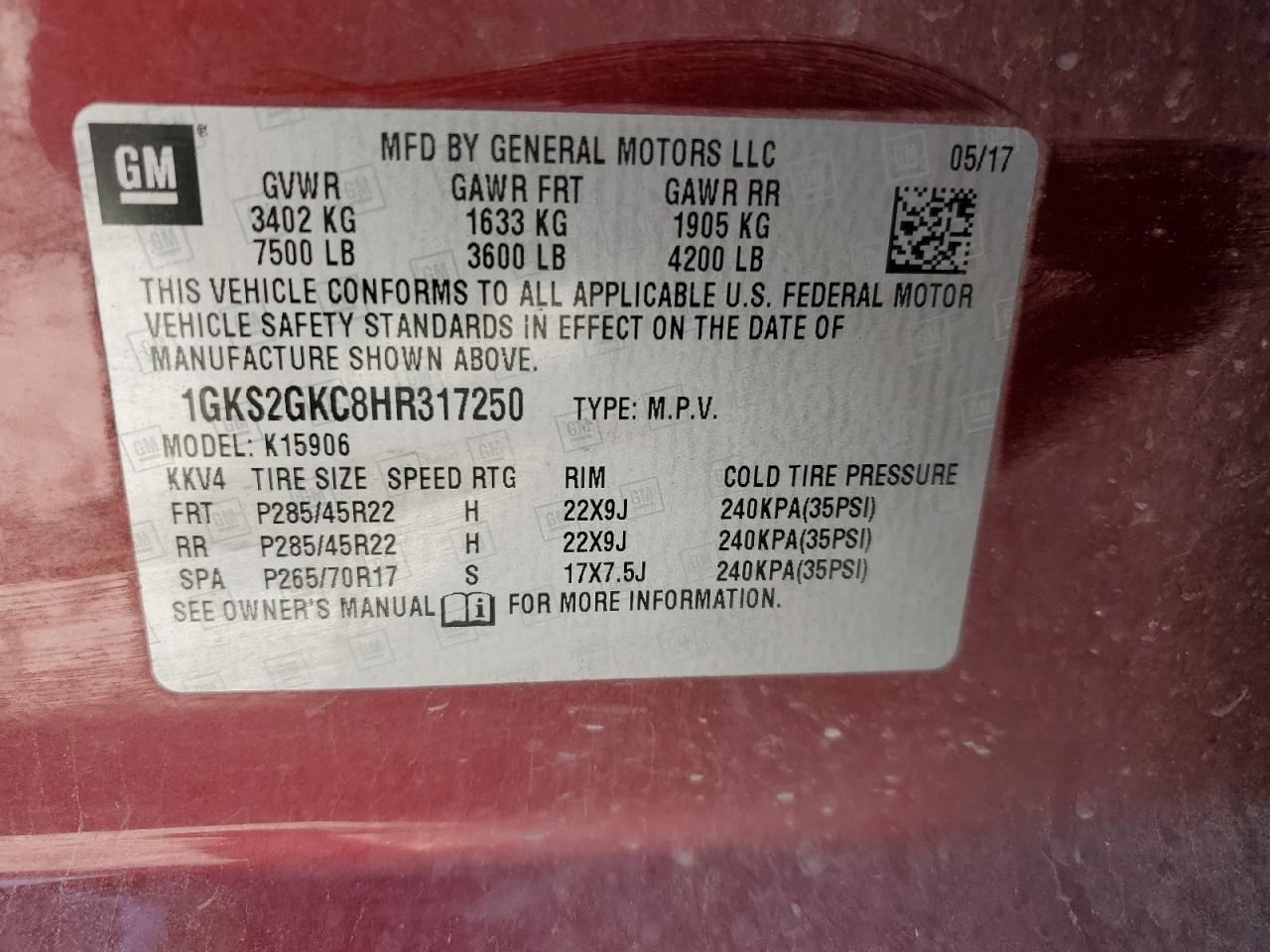 2017 GMC Yukon VIN 1GKS2GKC8HR317250 Copart auction photo, front end / side damage thumbnail 13