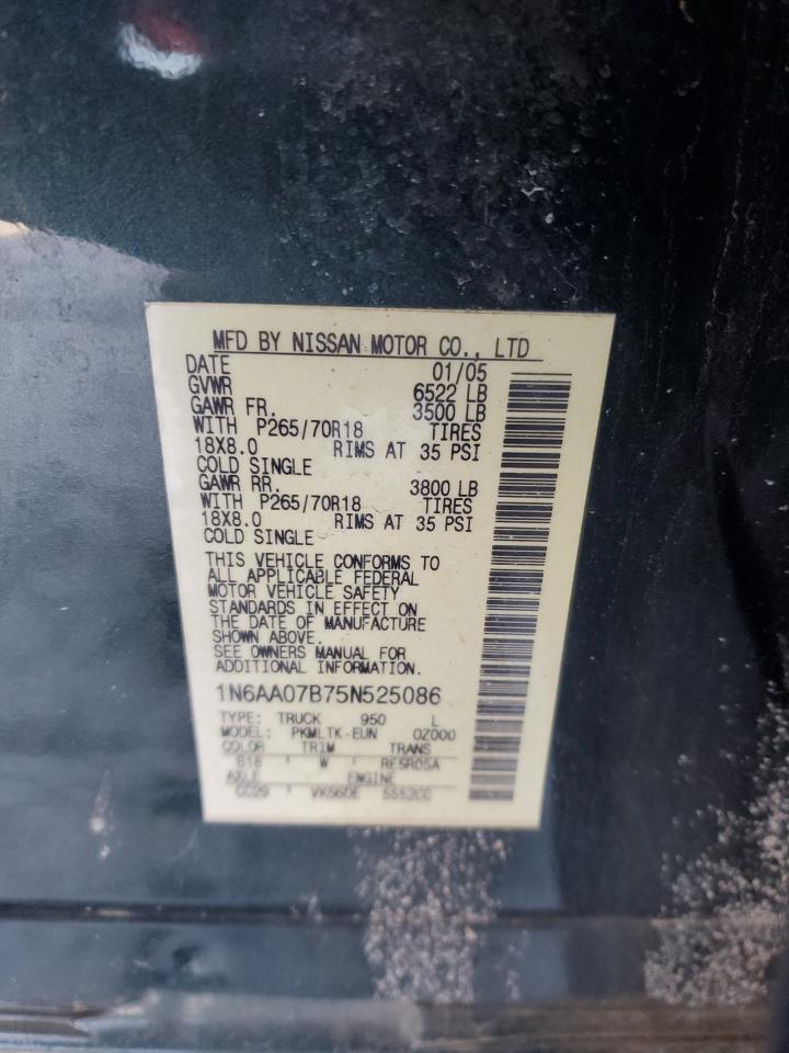 2005 Nissan Titan VIN 1N6AA07B75N525086 Copart auction photo, front end / minor dent/scratches damage thumbnail 12