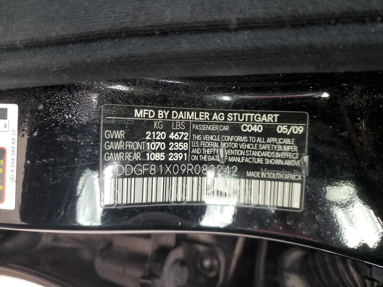 2009 Mercedes-Benz C-klasse VIN WDDGF81X09R083242 Copart auction photo, all over / front end damage thumbnail 12