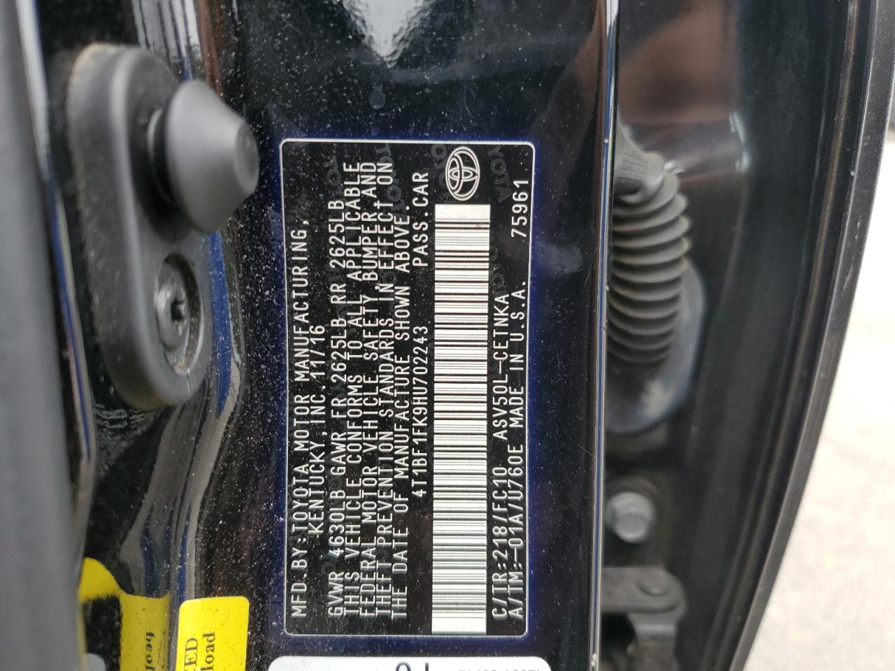 2017 Toyota Camry VIN 4T1BF1FK9HU702243 Copart auction photo, front end / side damage thumbnail 14