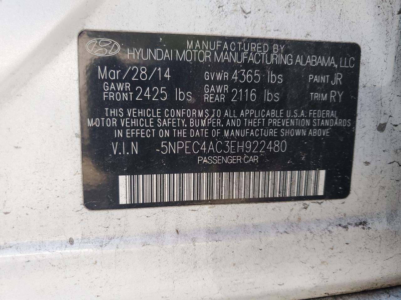 2014 Hyundai Sonata VIN 5NPEC4AC3EH922480 Copart auction photo, front end / side damage thumbnail 12
