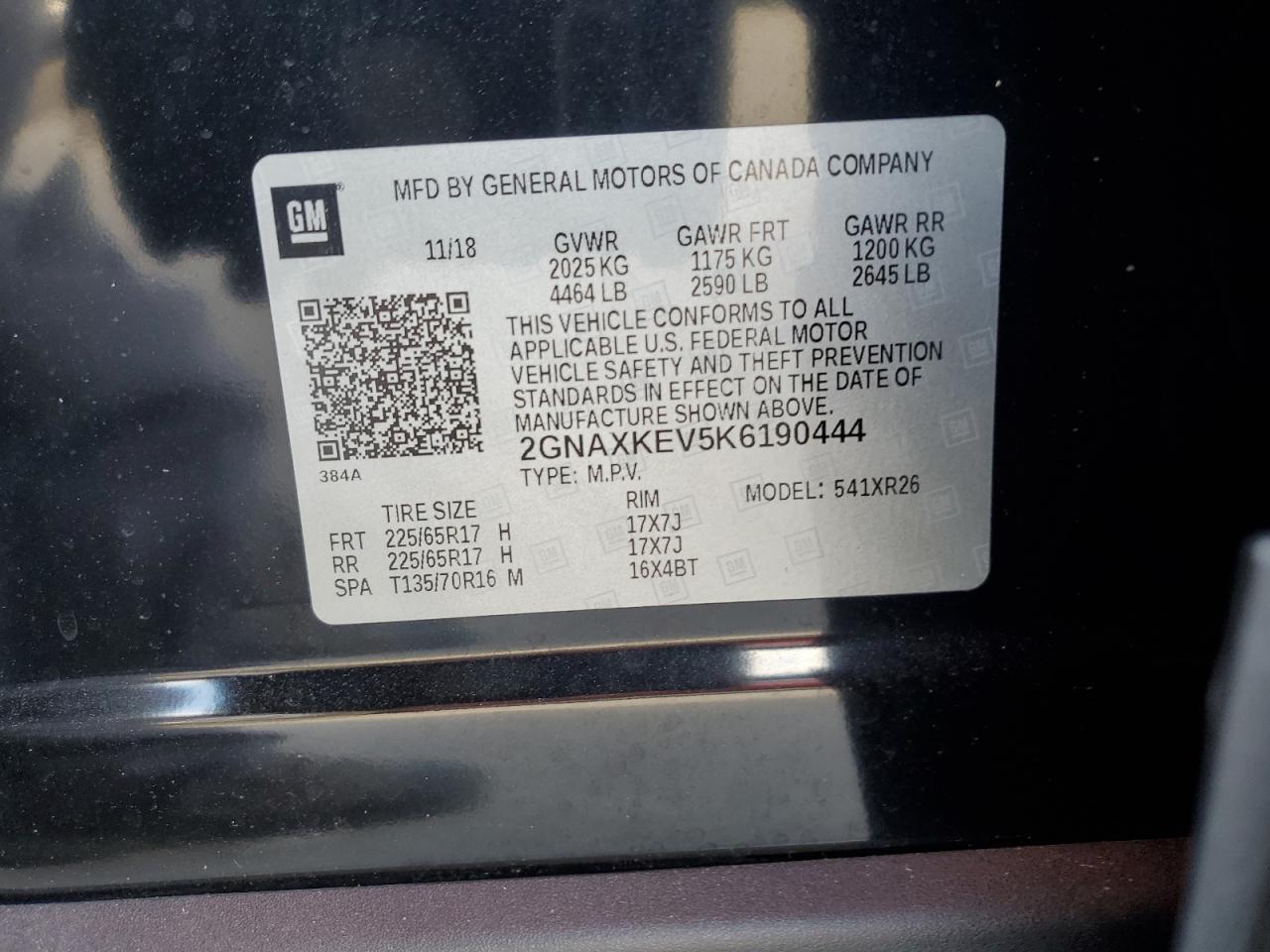 2019 Chevrolet Equinox VIN 2GNAXKEV5K6190444 Copart auction photo, front end / side damage thumbnail 13