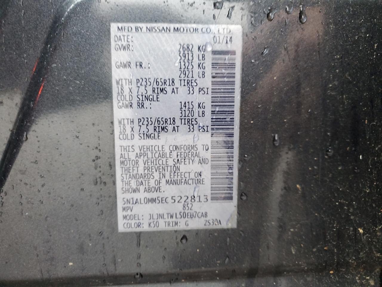 2014 Infiniti QX60 VIN 5N1AL0MM5EC522813 Copart auction photo, front end damage thumbnail 13