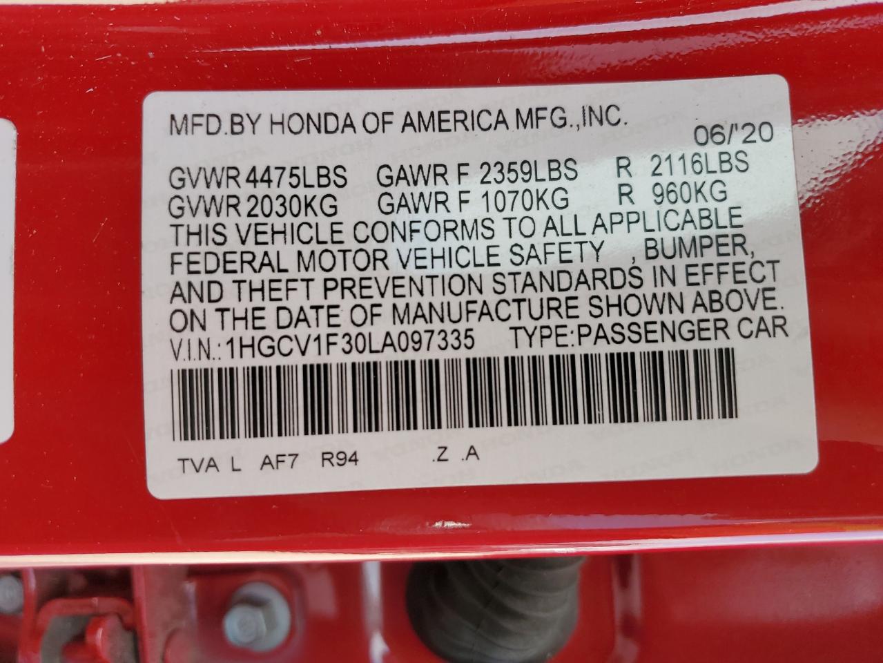 2020 Honda Accord VIN 1HGCV1F30LA097335 Copart auction photo, rear end damage thumbnail 12