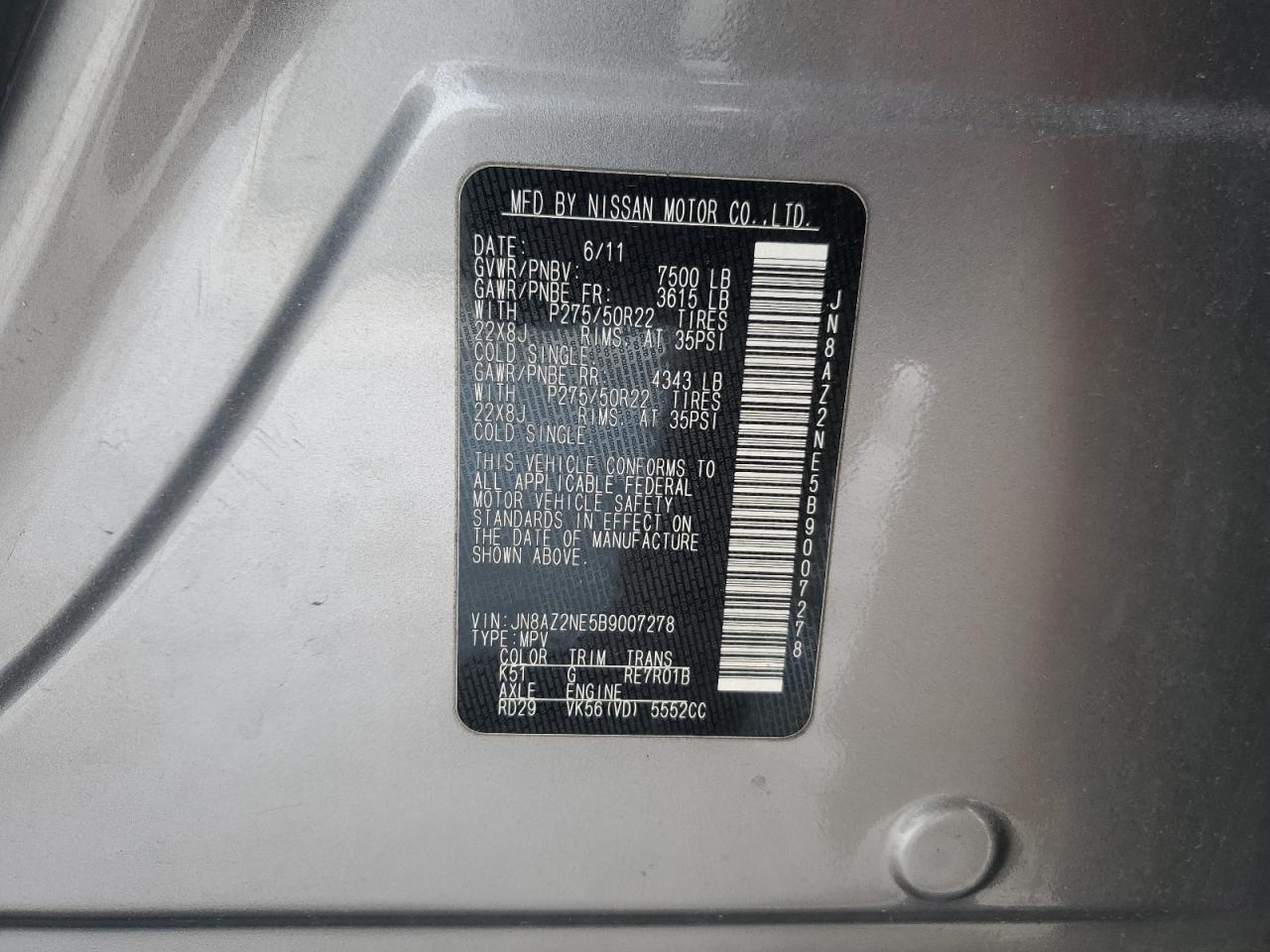 2011 Infiniti QX56 VIN JN8AZ2NE5B9007278 Copart auction photo, rear end / side damage thumbnail 13